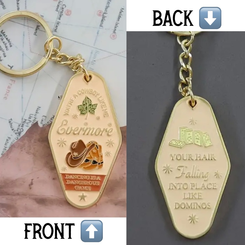 Taylor Swift Themed Evermore Keychain with Cowboy Like Me & Gold Rush Lyrics NEW